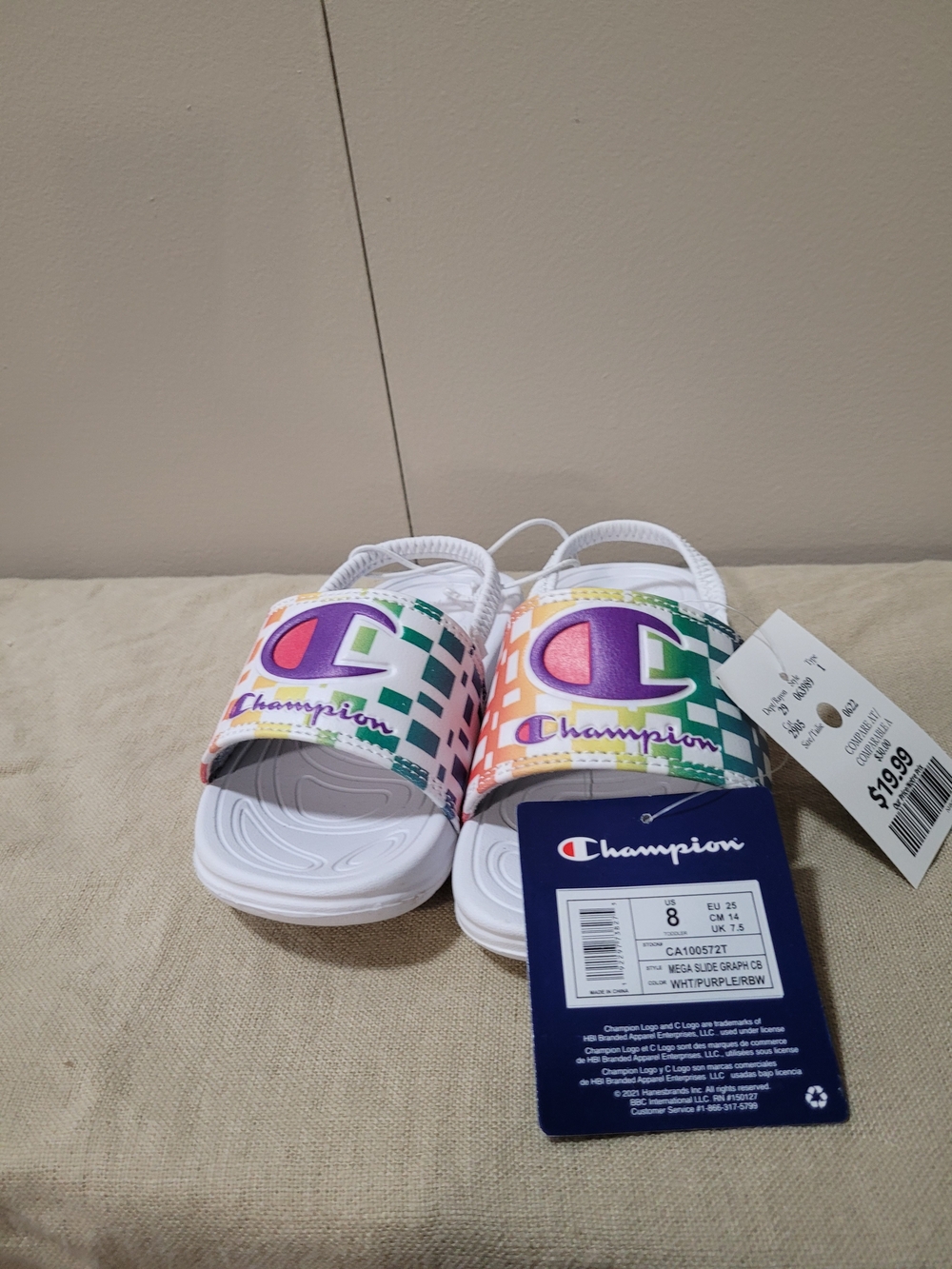 Champion White Kids' Slides with Multicolor Logo Strap